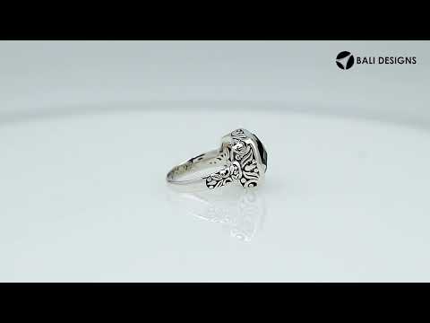 Sterling Silver Balinese Square-Cut Green Amethyst Quartz Ring With Engraved Band