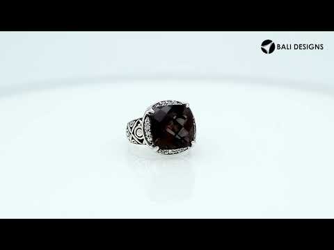 Wholesale sterling silver ring with cushion-cut Smoky Topaz Quartz and Balinese carvings, handcrafted in Bali.