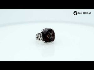 Wholesale sterling silver ring with cushion-cut Smoky Topaz Quartz and Balinese carvings, handcrafted in Bali.