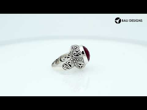Sterling Silver Ruby Quartz Ring With Balinese Engraved Band