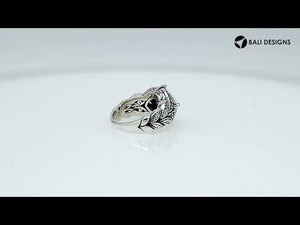 Sterling Silver Ornate Ring With Blue Topaz Quartz And Cubic Zirconia In Balinese Carving Design