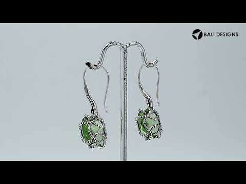 Wholesale sterling silver Green Amethyst Quartz cushion cut earrings with oxidized finish and polished detailing.