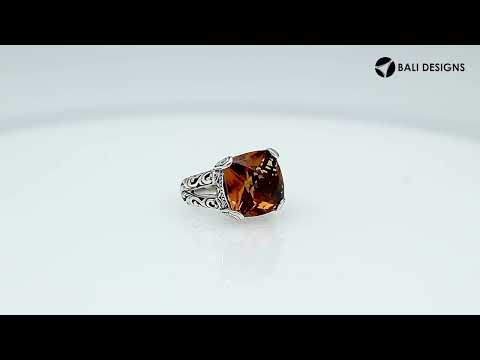 Handcrafted 925 sterling silver ring with cushion-cut Citrine Quartz, ornate Bali design.