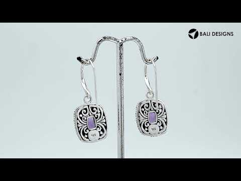 Sterling Silver Cushion Amethyst Quartz Earrings With Ornate Scroll Frame Handcrafted In Bali