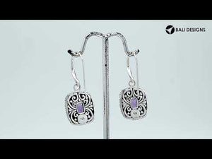 Sterling Silver Cushion Amethyst Quartz Earrings With Ornate Scroll Frame Handcrafted In Bali