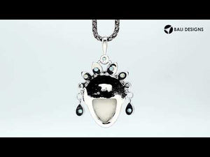 Sterling Silver Bone Face Pendant With Multi Quartz Crown And Balinese Detailing.