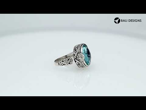 Sterling Silver Floral Balinese Round Shape Statement Ring With London Blue Topaz Quartz