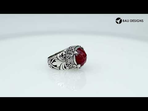 Sterling Silver Round Shape Ruby Quartz Ring With Detailed Balinese Carving