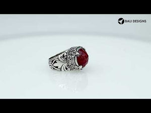Sterling Silver Round Shape Ruby Quartz Ring With Detailed Balinese Carving