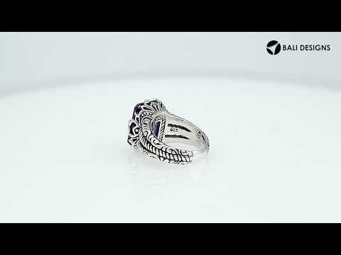 Sterling Silver Amethyst Quartz Emerald Cut Rope Design Heritage Ring With Balinese Craft Detailing.