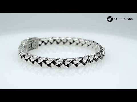 Wholesale sterling silver oxidized flat Bali weave bracelet with geometric clasp handcrafted in Bali, Indonesia.
