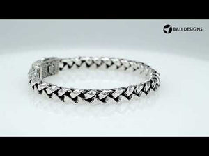 Wholesale sterling silver oxidized flat Bali weave bracelet with geometric clasp handcrafted in Bali, Indonesia.