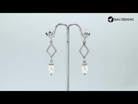 Sterling Silver Fresh Water Pearl diamond drop earrings handcrafted in Bali with rope texture and polished finish.