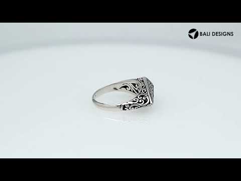 Sterling Silver geometric shield ring with oxidized Balinese filigree pattern