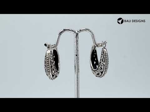 Wholesale Sterling Silver patterned hoop earrings with oxidized swirl and beaded detailing.
