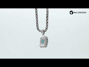 London Blue Topaz Quartz emerald-cut pendant crafted in polished 925 sterling silver with intricate filigree side detailing and a strong, classic wholesale design