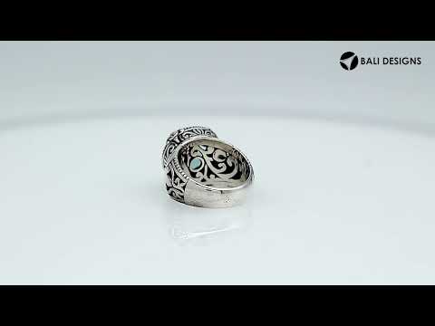 Sterling Silver Round Shape Blue Topaz Quartz Ring With Detailed Balinese Carving