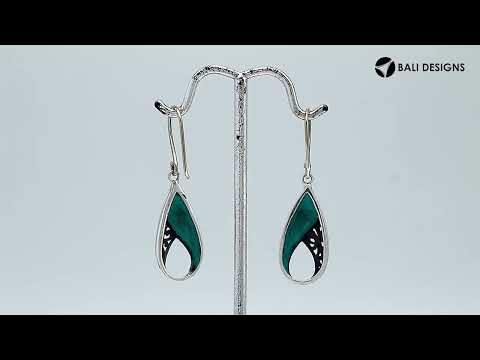Wholesale Sterling Silver Turquoise Shell pear earrings with open filigree frame, earwire lock, and polished finish handcrafted in Bali.