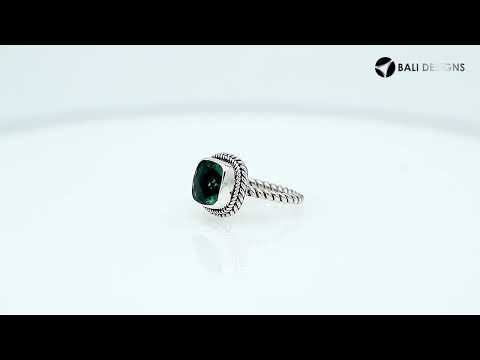 Sterling Silver Rope Band Ring With Green Quartz Cushion Center