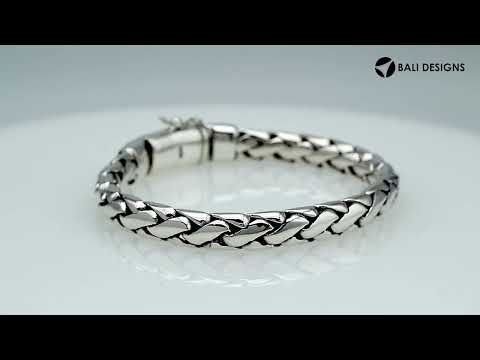 925 sterling silver heavy woven chain bracelet with polished push clasp.
