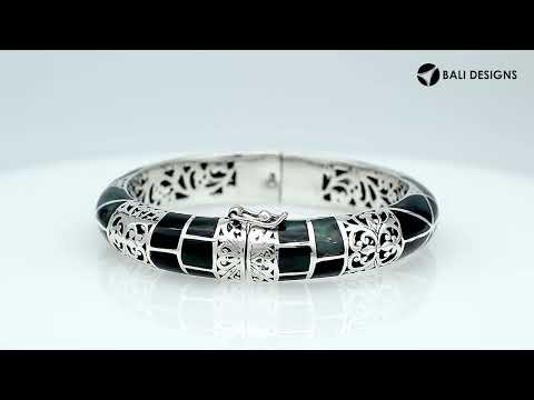 Sterling silver hinged bangle with black shell inlay and ornate filigree design handcrafted in Bali.