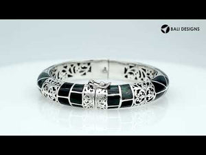 Sterling silver hinged bangle with black shell inlay and ornate filigree design handcrafted in Bali.