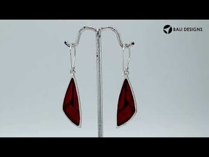 Sterling Silver Red Coral Geometric Drop Earrings With Earwire Lock
