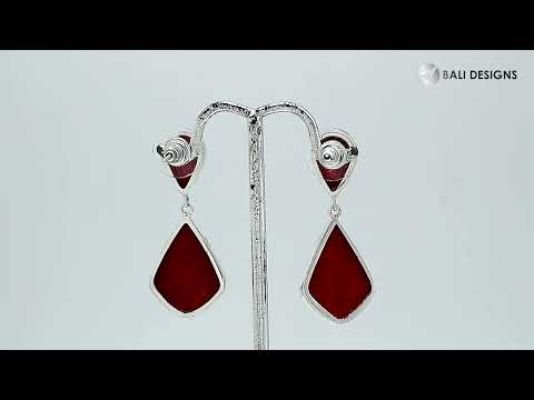 Red Coral silver geometric drop earrings with polished finish
