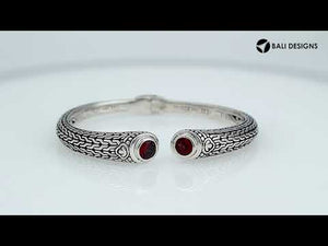 Wholesale sterling silver Bali engraved hinge cuff bracelet featuring deep red garnet quartz accents with polished–oxidized detailing, ideal for premium bulk jewelry inventory selections.