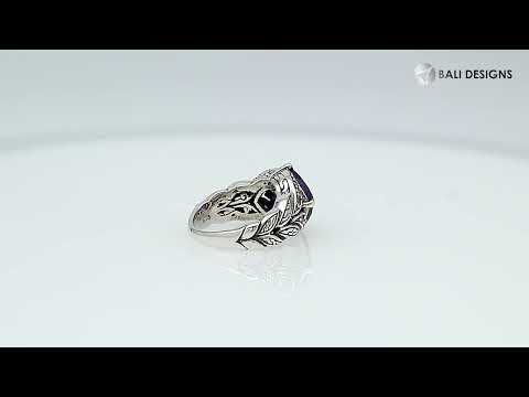 Sterling Silver Ornate Ring With Amethyst Quartz And Cubic Zirconia In Balinese Carving Design