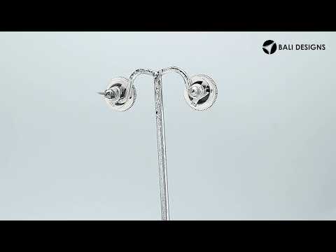 Sterling silver stud earrings with Gray Pearl and dotted Balinese border.