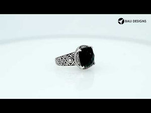 Wholesale sterling silver ring with cushion-cut Green Quartz and Balinese carvings, handcrafted in Bali.