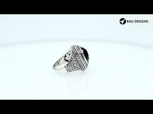 Sterling Silver Black Onyx Quartz Ring With Balinese Engraved Band