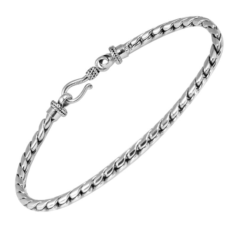 Sterling silver Bali rope-pattern bracelet with polished finish and hook clasp.