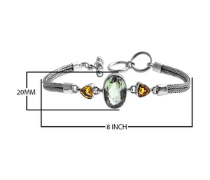 Sterling Silver Bracelet With Green Amethyst And Citrine Quartz Stones Set In Oval And Trillion Shapes With Woven Silver Bands
