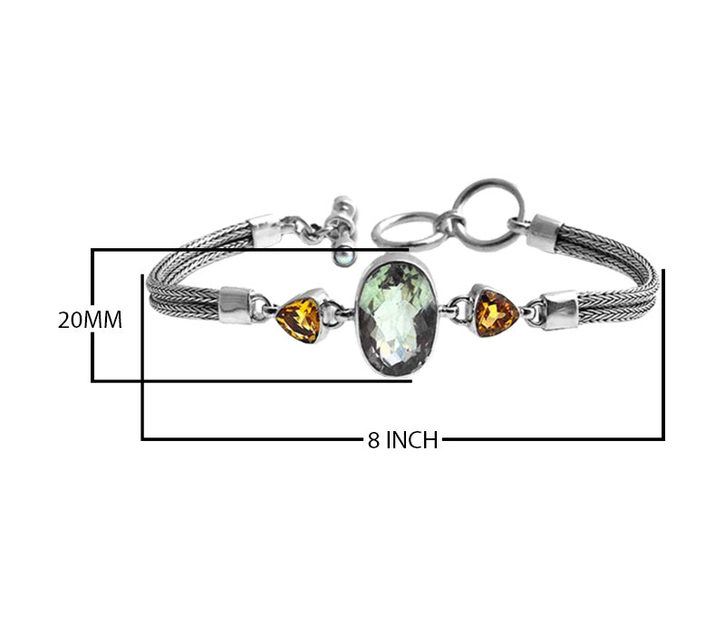 Sterling Silver Bracelet With Green Amethyst And Citrine Quartz Stones Set In Oval And Trillion Shapes With Woven Silver Bands