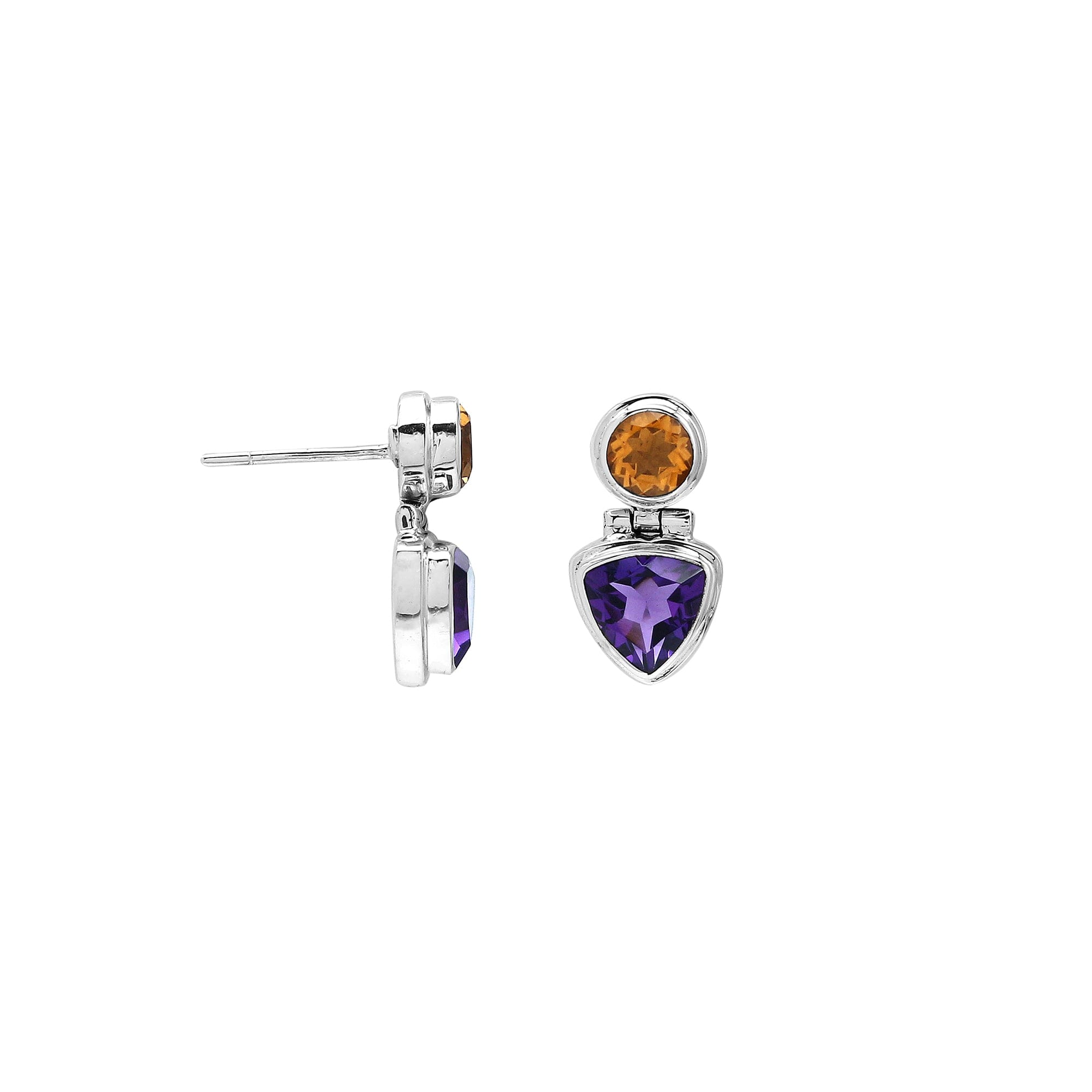 Sterling silver Citrine Quartz and Amethyst Quartz dual drop earrings with bezel setting, handcrafted wholesale jewelry from Bali