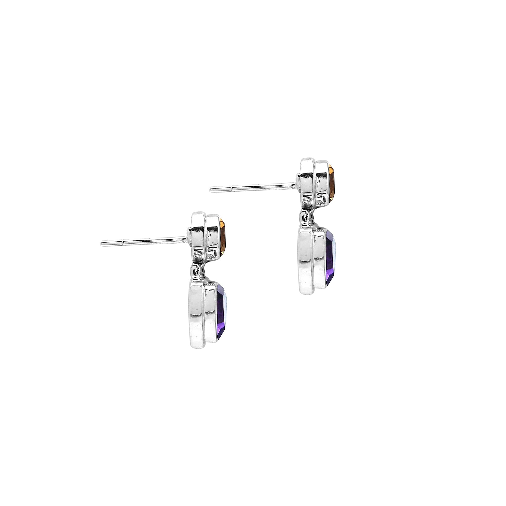Sterling silver Citrine Quartz and Amethyst Quartz dual drop earrings with bezel setting, handcrafted wholesale jewelry from Bali