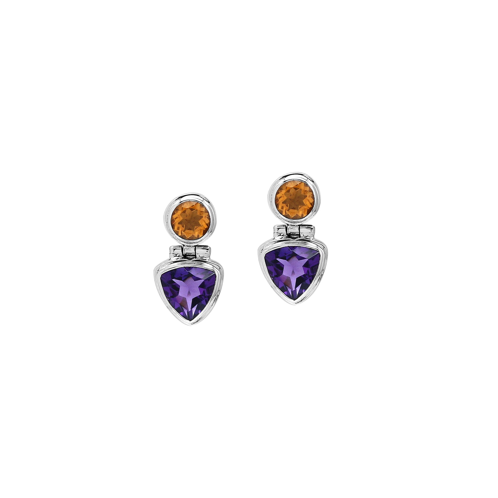 Sterling silver Citrine Quartz and Amethyst Quartz dual drop earrings with bezel setting, handcrafted wholesale jewelry from Bali