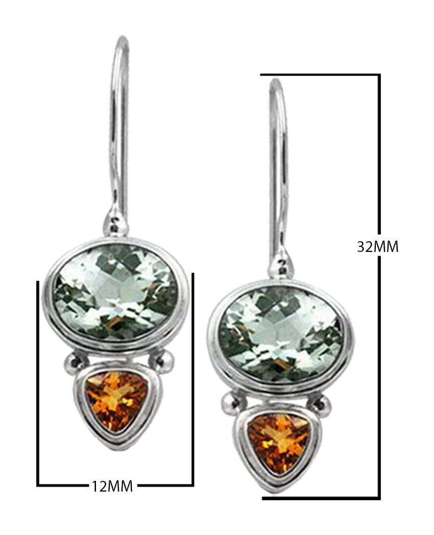 Sterling silver earring with Green Amethyst Quartz and Citrine Quartz dual drop design, handcrafted wholesale jewelry from Bali