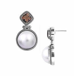 Sterling Silver Mabe Pearl and Smoky Quartz earrings handcrafted in Bali with oxidized rope-edge detailing and polished finish.