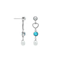Sterling Silver Fresh Water Pearl and Blue Topaz Quartz heart drop earrings handcrafted in Bali with rope texture and polished finish.