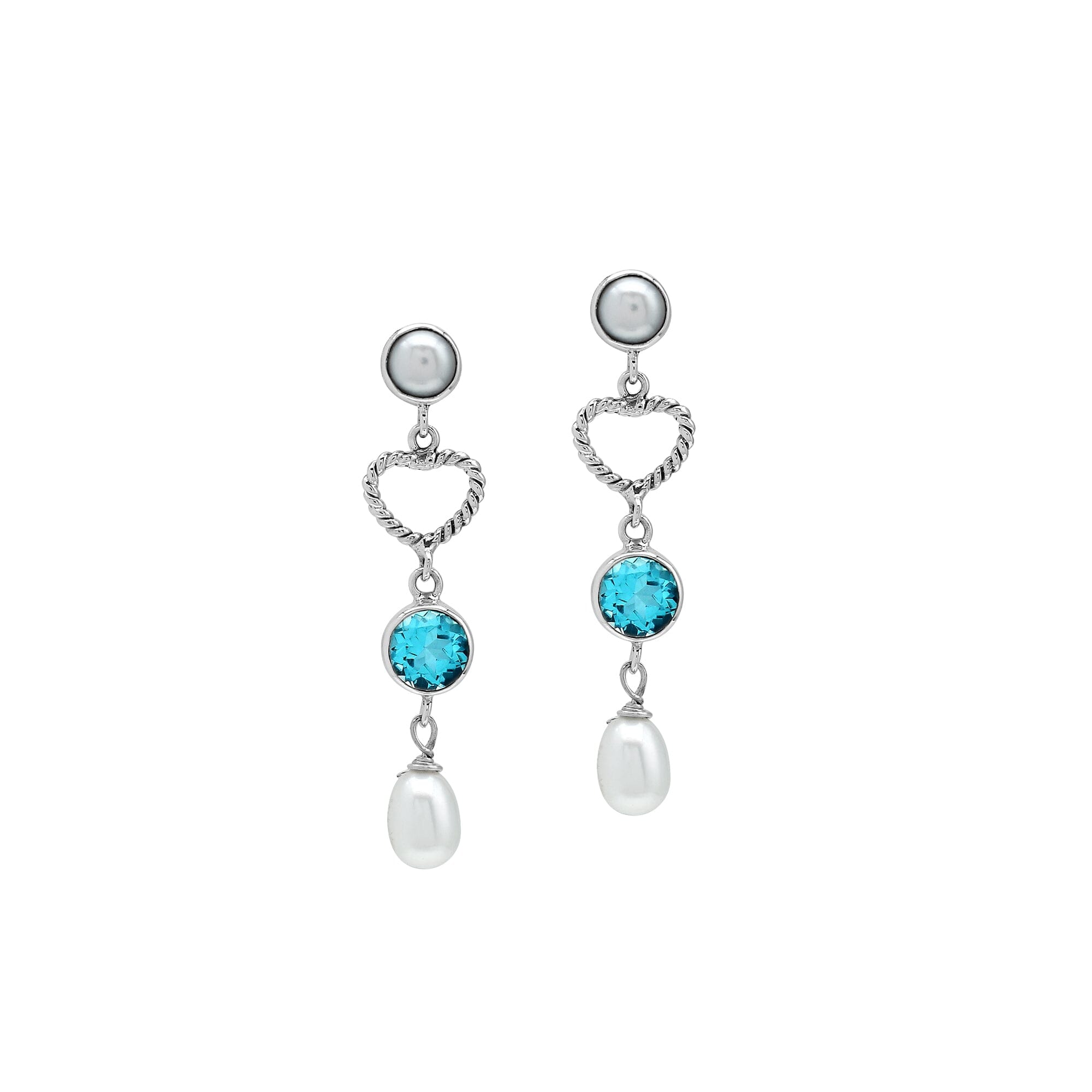 Sterling Silver Fresh Water Pearl and Blue Topaz Quartz heart drop earrings handcrafted in Bali with rope texture and polished finish.