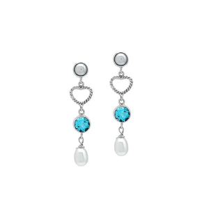 Sterling Silver Fresh Water Pearl and Blue Topaz Quartz heart drop earrings handcrafted in Bali with rope texture and polished finish.