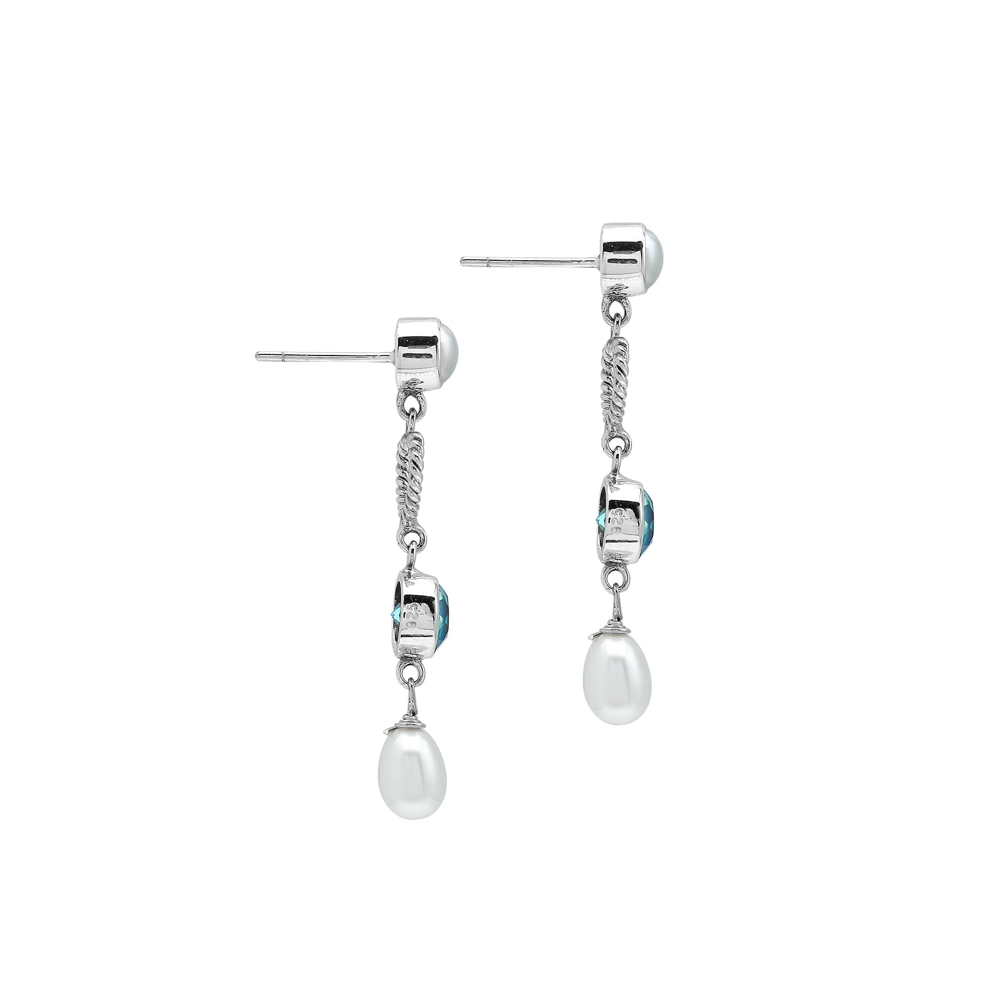 Sterling Silver Fresh Water Pearl and Blue Topaz Quartz heart drop earrings handcrafted in Bali with rope texture and polished finish.