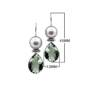 Sterling Silver Earrings With Mabe Pearl Tops And Green Amethyst Quartz Teardrop Drops