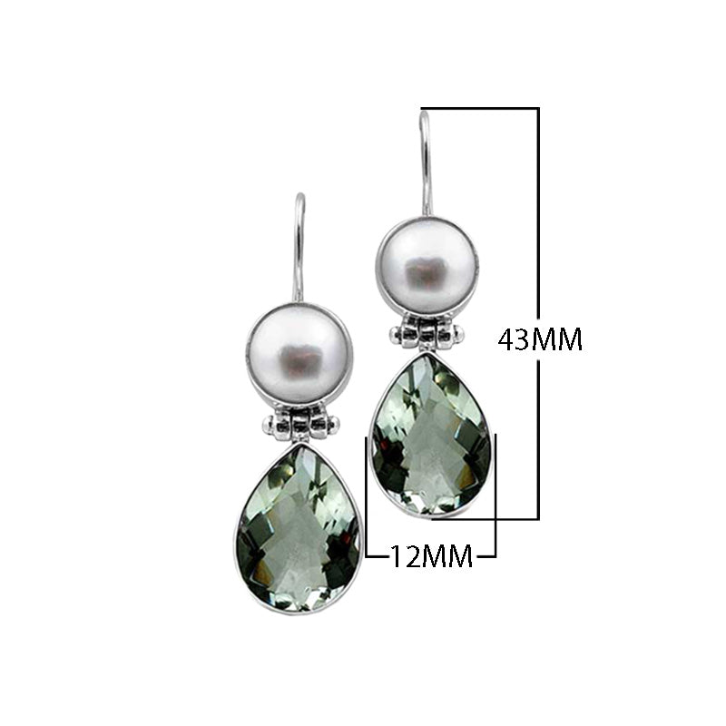 Sterling Silver Earrings With Mabe Pearl Tops And Green Amethyst Quartz Teardrop Drops
