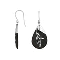 Sterling Silver Drop Earrings With Black Shell Teardrop And Silver Leaf Overlay.