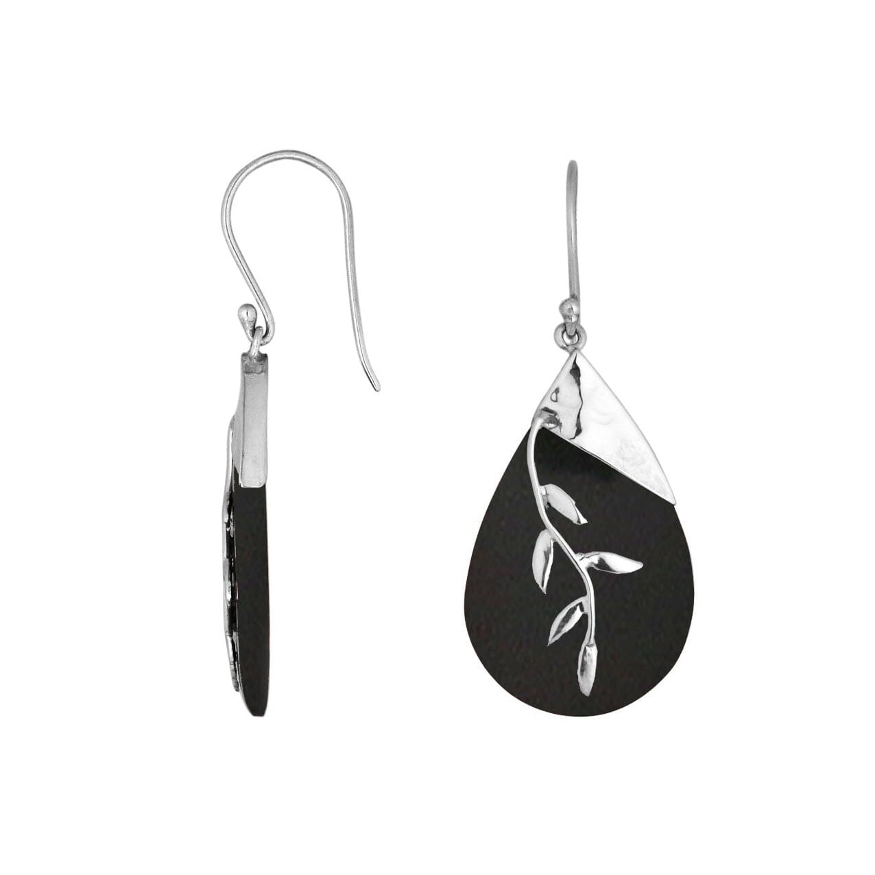 Sterling Silver Drop Earrings With Black Shell Teardrop And Silver Leaf Overlay.