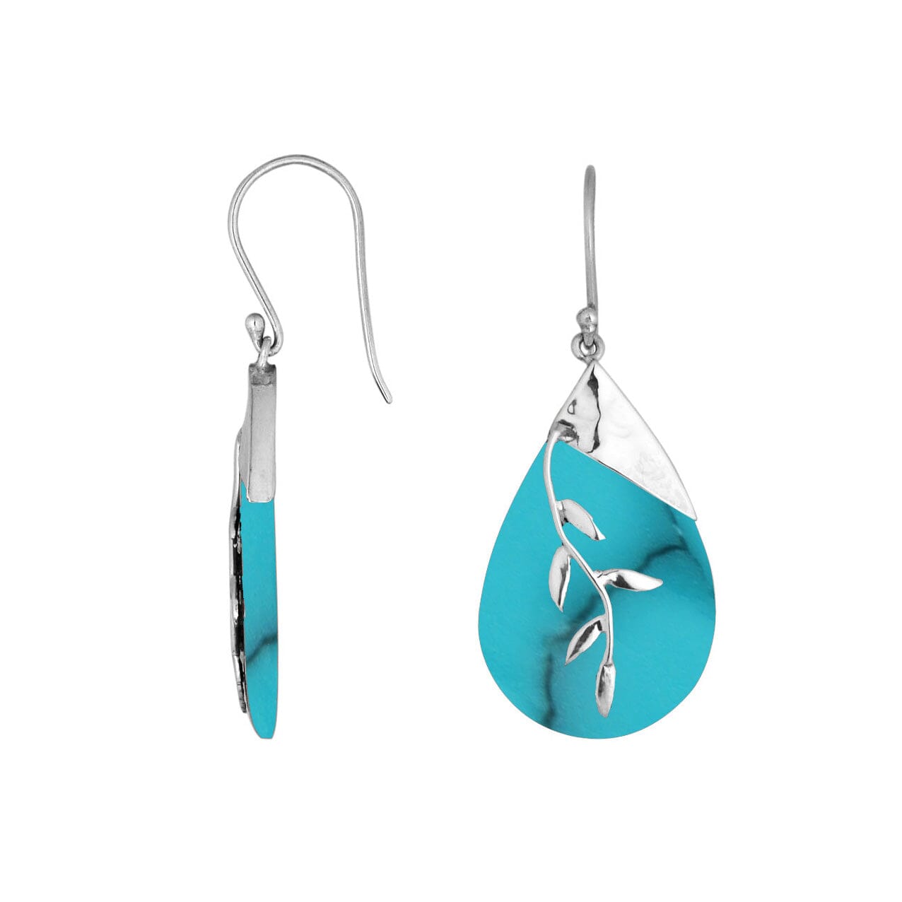 Sterling Silver Drop Earrings With Turquoise Shell Teardrop And Silver Leaf Overlay.